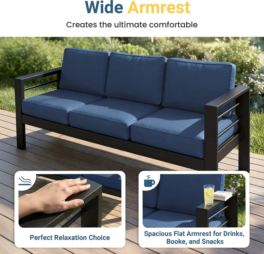 Wisteria Lane Patio Furniture Aluminum Loveseat, All-Weather Outdoor 2 Seats Sofa Couch, Patio Outdoor Sofa, Black Metal Chair with Blue Cushions