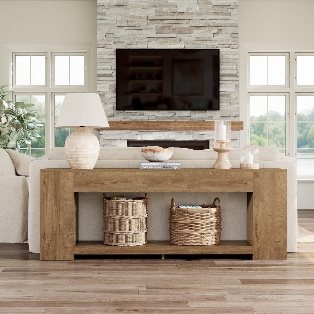 Epecoya 86-Inch Extra Long Console Table for Entryway, Farmhouse Sofa Table Behind Couch Wooden, 2-Tier Entry Console Tables with Storage for Entrance, Living Room, Natural Oak Brown