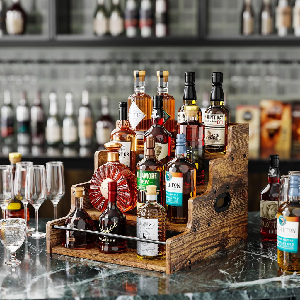 KLM Liquor Bottle Display Shelf, Coffee Syrup Rack Organizer, 4 Step Countertop Liquor Wine Rack, mini bar,liquor cabinet, Home Retro Bar Shelf Stand for Liquor Whiskey, (Brown)