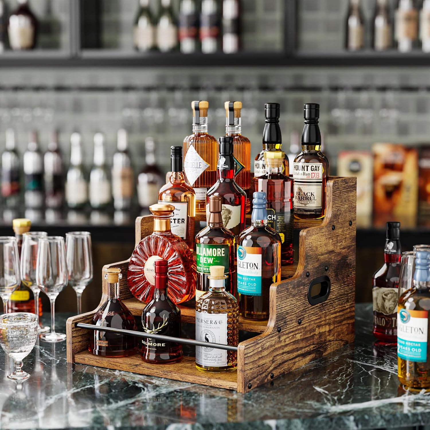 KLM Liquor Bottle Display Shelf, Coffee Syrup Rack Organizer, 4 Step Countertop Liquor Wine Rack, mini bar,liquor cabinet, Home Retro Bar Shelf Stand for Liquor Whiskey, (Brown)