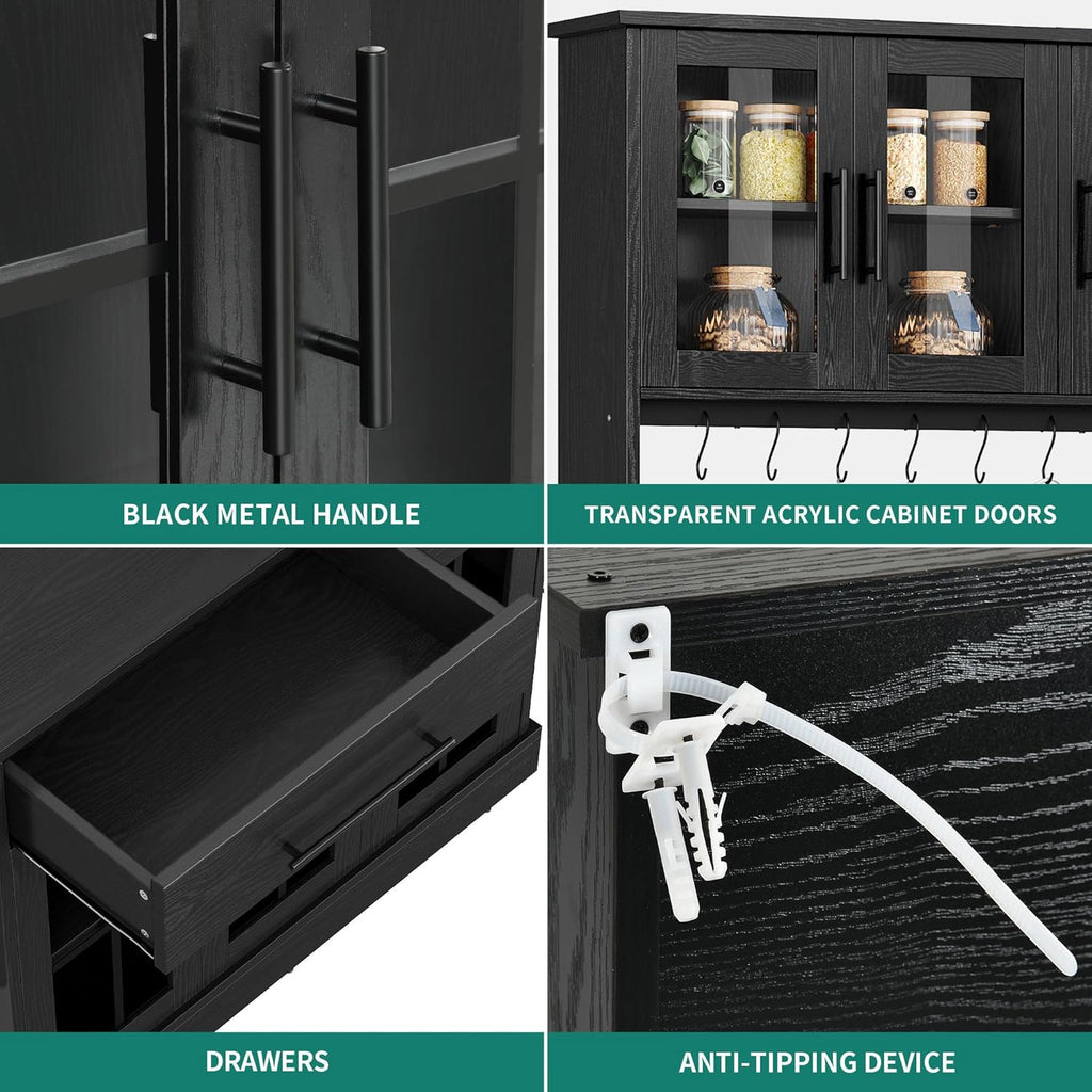 YITAHOME 71" Tall Kitchen Pantry Cabinet with Microwave Stand & Built-in Power Outlet, Buffet Cupboard with Acrylic Doors, Drawers and 8 Hanging Hooks for Kitchen, Dining Room, Living Room, Black Oak