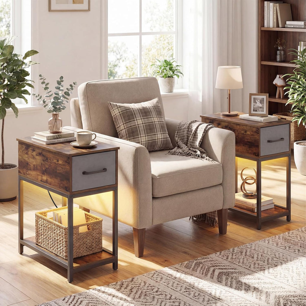 GOFLAME LED End Table with Hidden Charging Station, Narrow Compact Sofa Side Table with Storage Shelf & Fabric Drawer, Industrial Nightstand for Living Room, Bedroom, Rustic Brown (1)