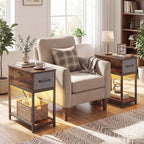 GOFLAME LED End Table with Hidden Charging Station, Narrow Compact Sofa Side Table with Storage Shelf & Fabric Drawer, Industrial Nightstand for Living Room, Bedroom, Rustic Brown (1)