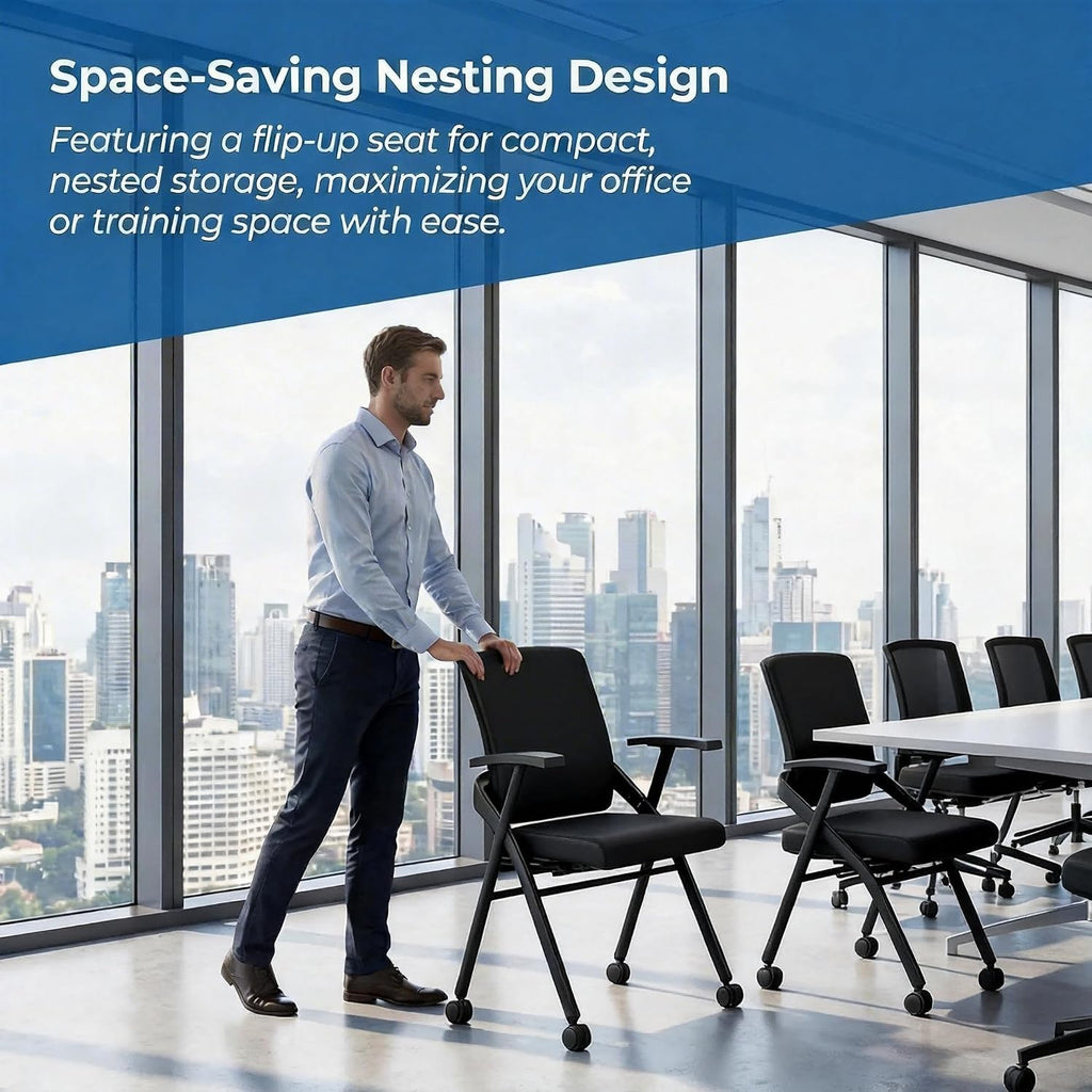 Folding Office Chair with Wheels – Mesh Back Conference Room Chair, Space-Saving Stackable & Foldable Chair for Guest, Reception Meeting, Classroom Training Seminar (with Wheel, 6pack)