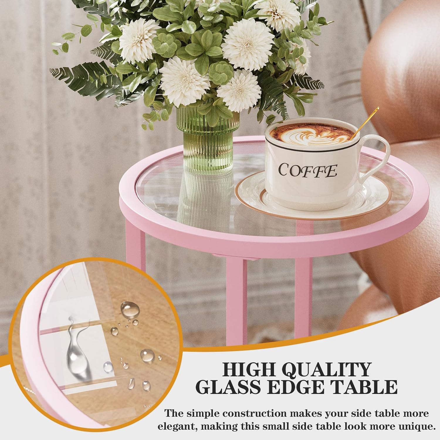 Easy Paws C Table Side End Table, Small Round Couch Sofa Tray Snack Table for Living Room, Bedroom,Accent Coffee Table,TV Tray Table for Small Space, Nightstand with Metal Frame(Pink)