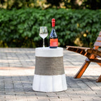JIJIWANG 16.93" H Outdoor Stone Side Tables for Patio, Moden Coffee Table with Brown Retro Woven Rope and Fan-Base MGO, Small End Table for Home, Office, Living Room & Outdoor Brown+Gray