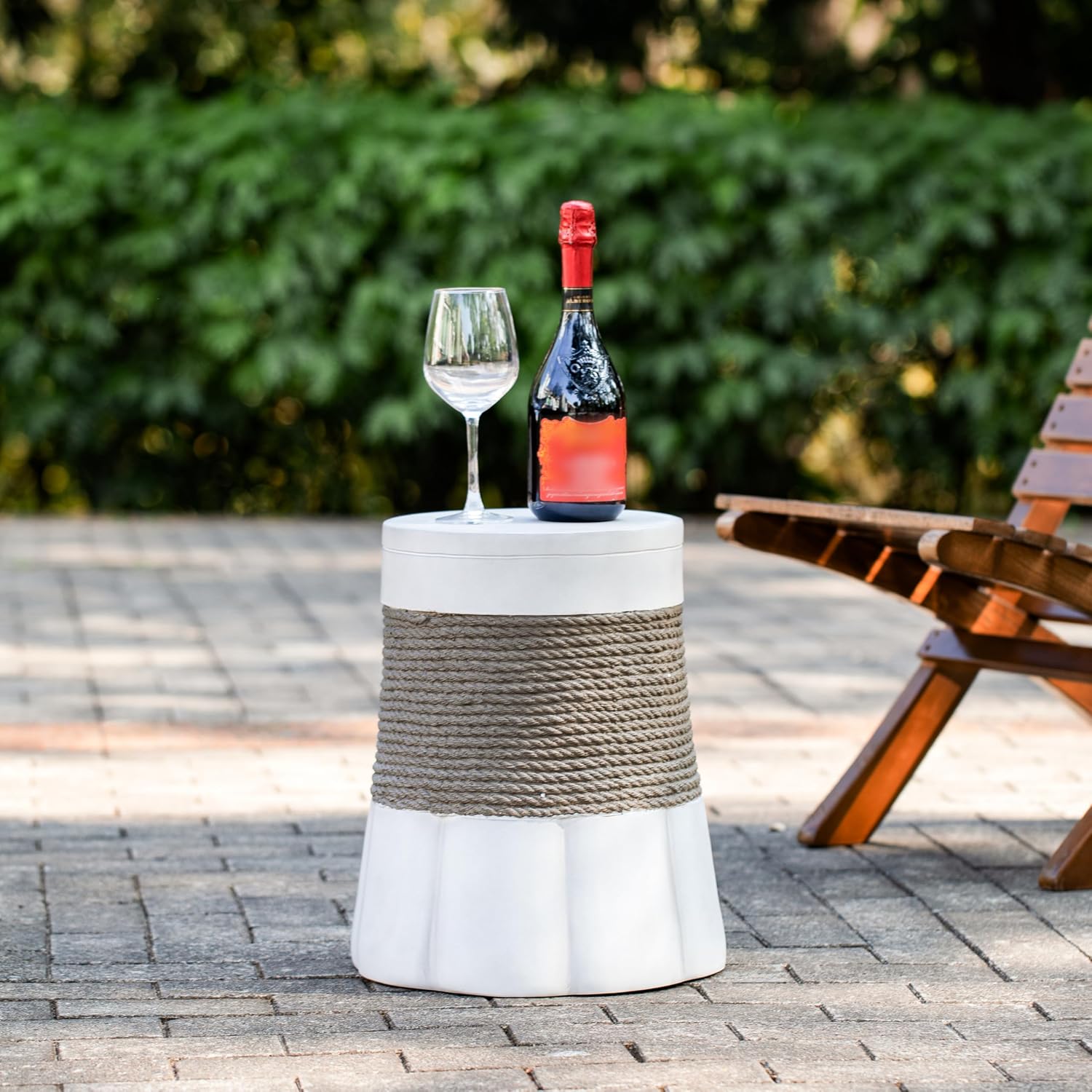 JIJIWANG 16.93" H Outdoor Stone Side Tables for Patio, Moden Coffee Table with Brown Retro Woven Rope and Fan-Base MGO, Small End Table for Home, Office, Living Room & Outdoor Brown+Gray