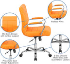 EMMA + OLIVER Mid-Back Orange Vinyl Executive Swivel Office Chair with Chrome Base and Arms