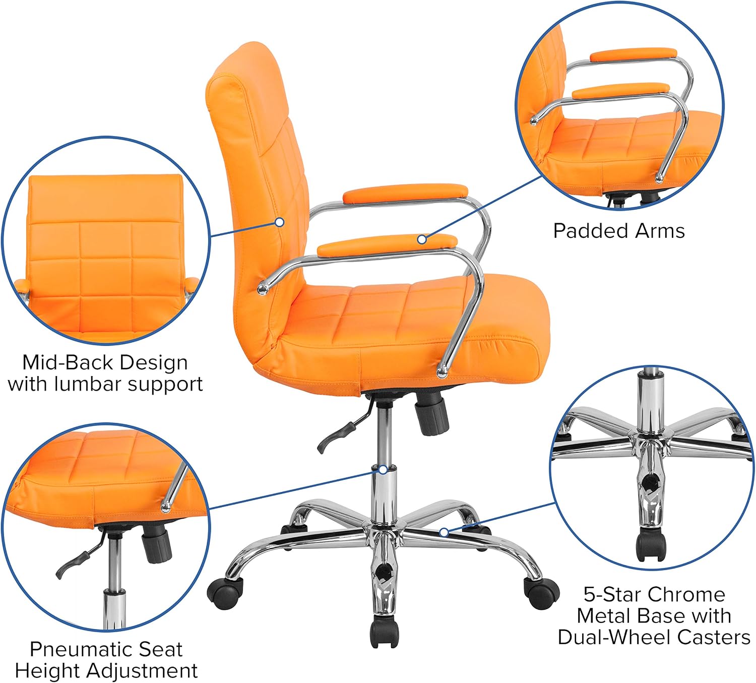 EMMA + OLIVER Mid-Back Orange Vinyl Executive Swivel Office Chair with Chrome Base and Arms