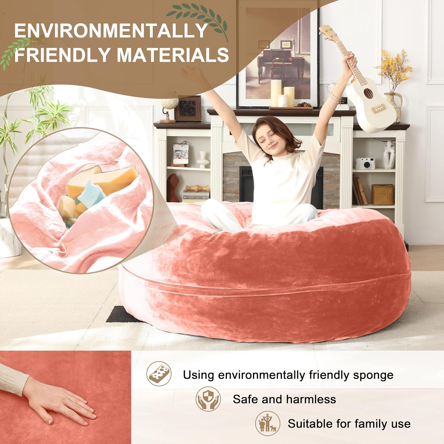 Bean Bag Chair for Adults Soft Comfy Bean Bag for Adults, Cozy Reading Chair, Large Round Bean Bag Couch, Versatile Living Room & Bedroom Chairs (Pink, 5FT)