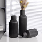 Black Ceramic Flower Vases Set of 3, Modern Matte Vertical Ribbed, Nordic Minimalist Decor for Pampas Grass, Dried & Fresh Flowers, Centerpiece for Living Room, Shelf, Entryway, Wedding