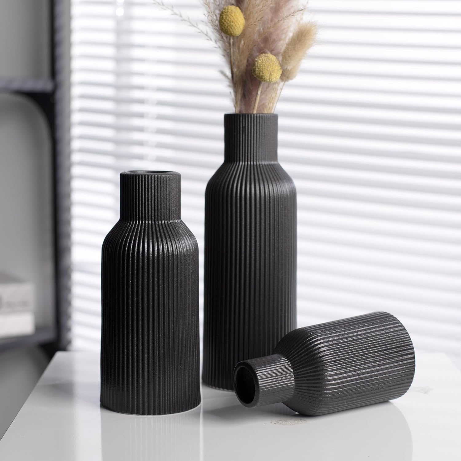Black Ceramic Flower Vases Set of 3, Modern Matte Vertical Ribbed, Nordic Minimalist Decor for Pampas Grass, Dried & Fresh Flowers, Centerpiece for Living Room, Shelf, Entryway, Wedding