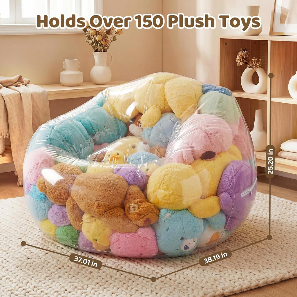 Stuffed Animal Bean Bag Storage, 37.01 x 38.19 Inch Transparent Plush Storage Chair, Heavy-Duty 0.35mm PVC Waterproof Organizer with 330lbs Capacity for Home Indoor Use
