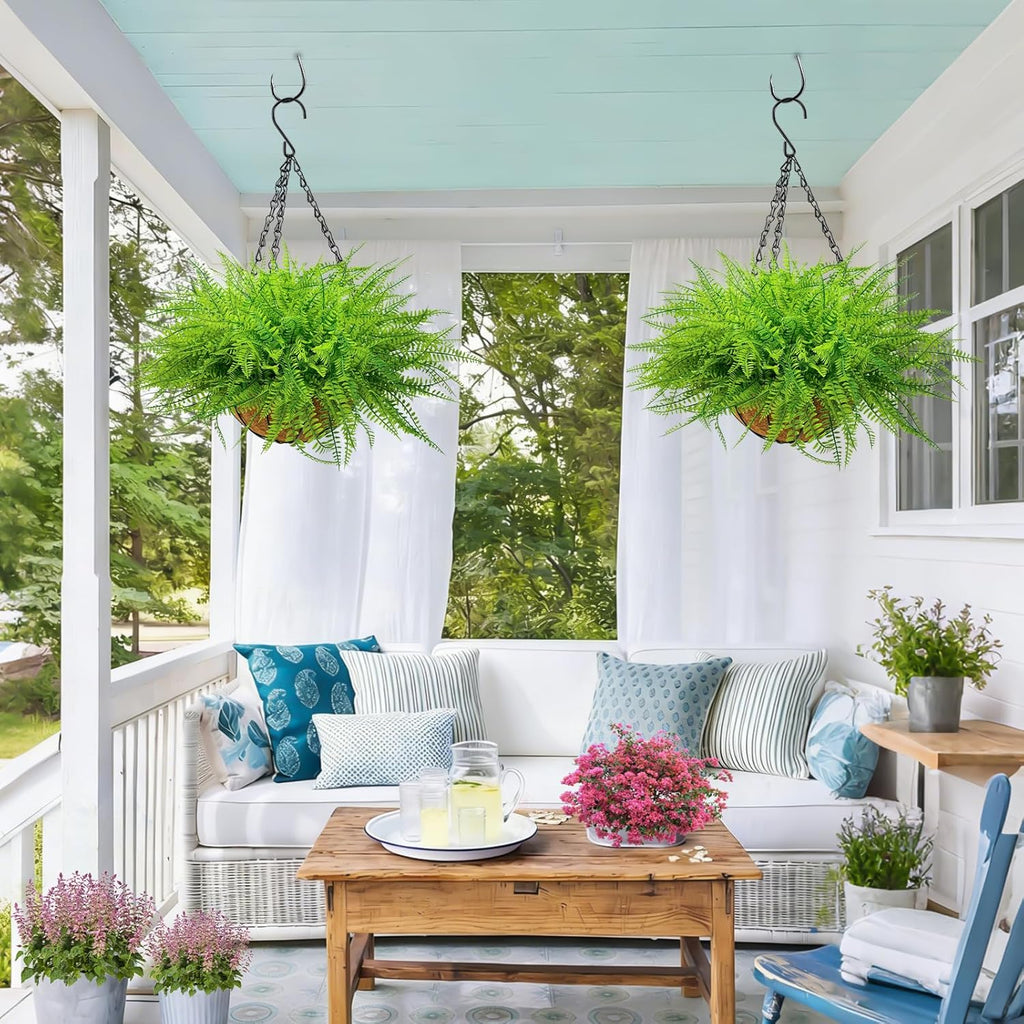 2 Set Artificial Ferns for Outdoors with Coconut Baskets, Fake Hanging Boston Ferns with 12" Coir Pot &Chain,UV Resistant Faux Hanging Persian Grass Baskets for Outdoor Porch Patio Decor