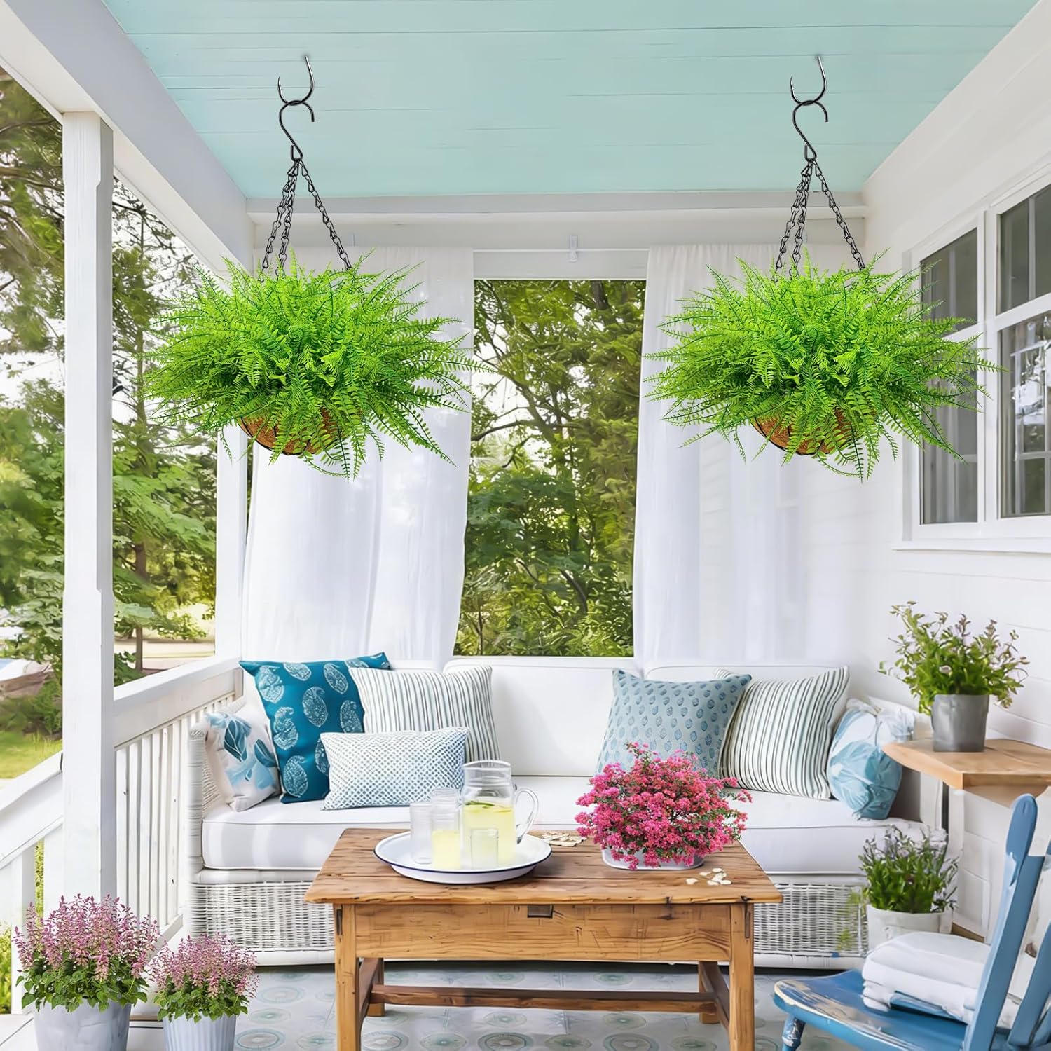2 Set Artificial Ferns for Outdoors with Coconut Baskets, Fake Hanging Boston Ferns with 12" Coir Pot &Chain,UV Resistant Faux Hanging Persian Grass Baskets for Outdoor Porch Patio Decor