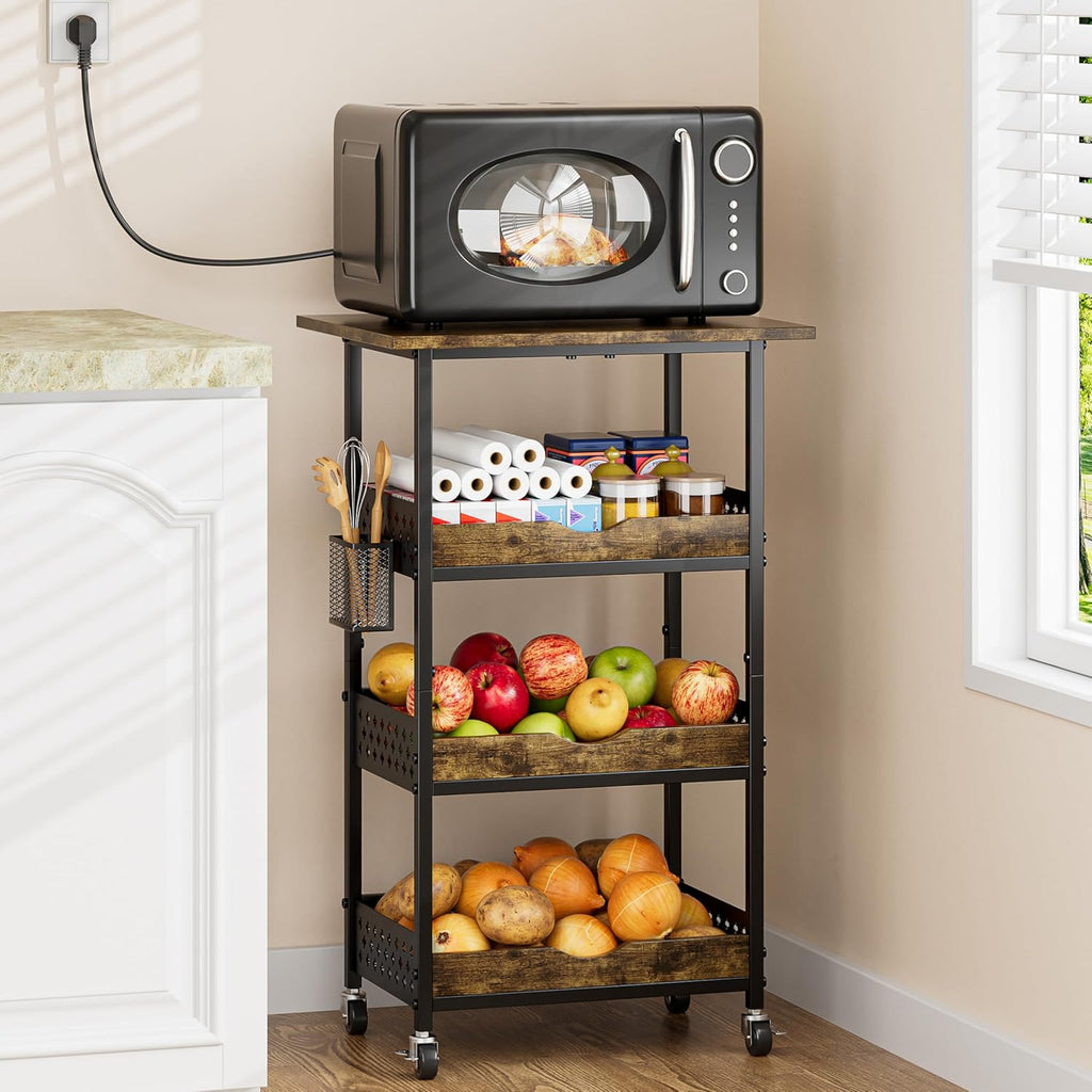XYZLVSI Rolling Kitchen Microwave Cart, 4 Tier Microwave Table Stand with Fruit Baskets, Kitchen Storage Rack on Wheels, Small Coffee Bar Station Shelf Organizer for Pantry, Living Room Office