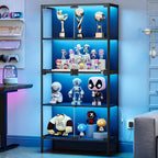 PEUKC 65" Glass Display Cabinet with 3-Color LED Light, Display Case with 4 Tempered Glass Doors and Shelves, Metal Frame Curio Storage Cabinet for Collectibles, Figures, Awards, Toy, Book (Black)