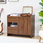 Bifins Record Player Stand with Drawer and Door, Mid Century Modern Turntable Cabinet with Vinyl Storage, Wood Record Player Table for Living Room & Music Room (Walnut)