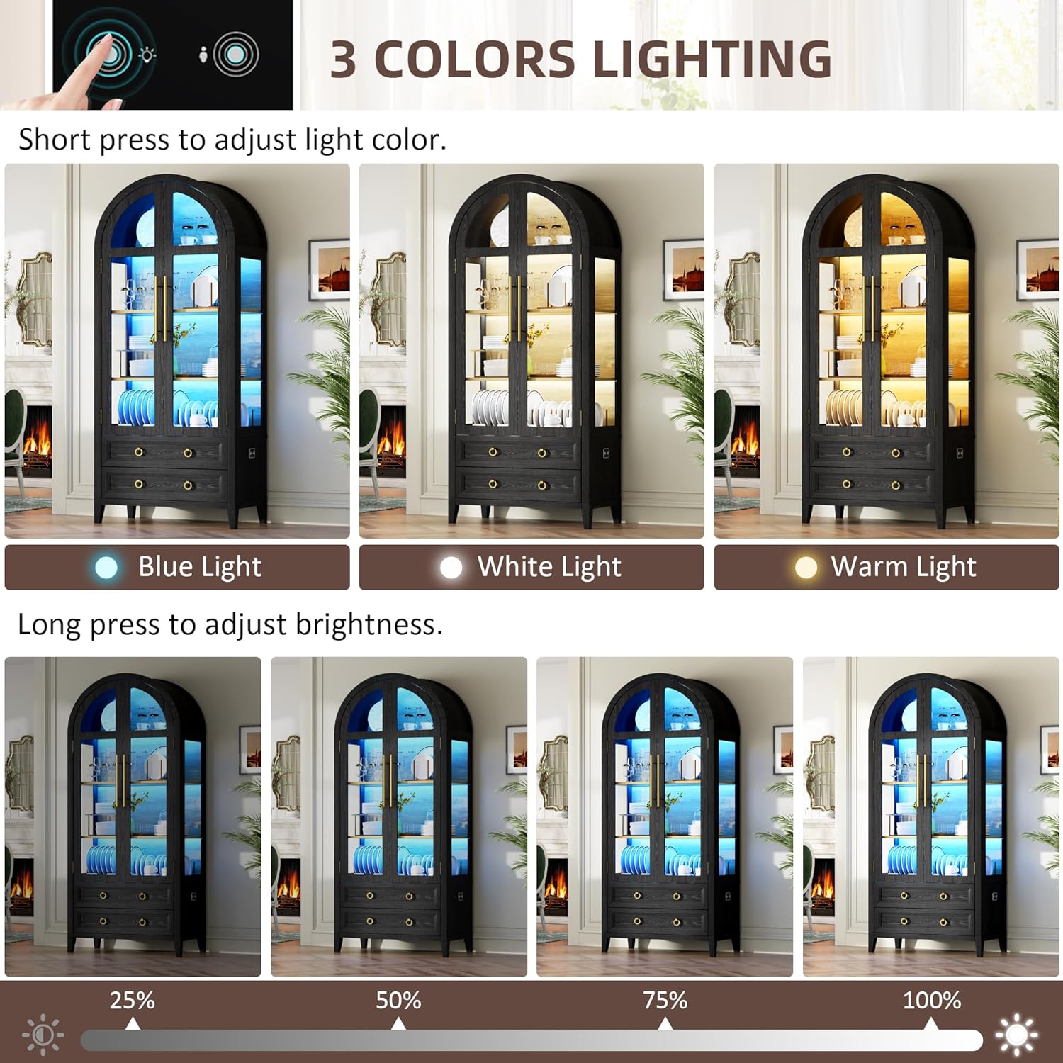 Vlsrka 71" Arched Curio Cabinet with Glass Doors, 4-Shelves Display Cabinet and 2 Drawers, Display Case with 3 Color Lights, Tall Bookcase, Kitchen Pantry, Black+Wood