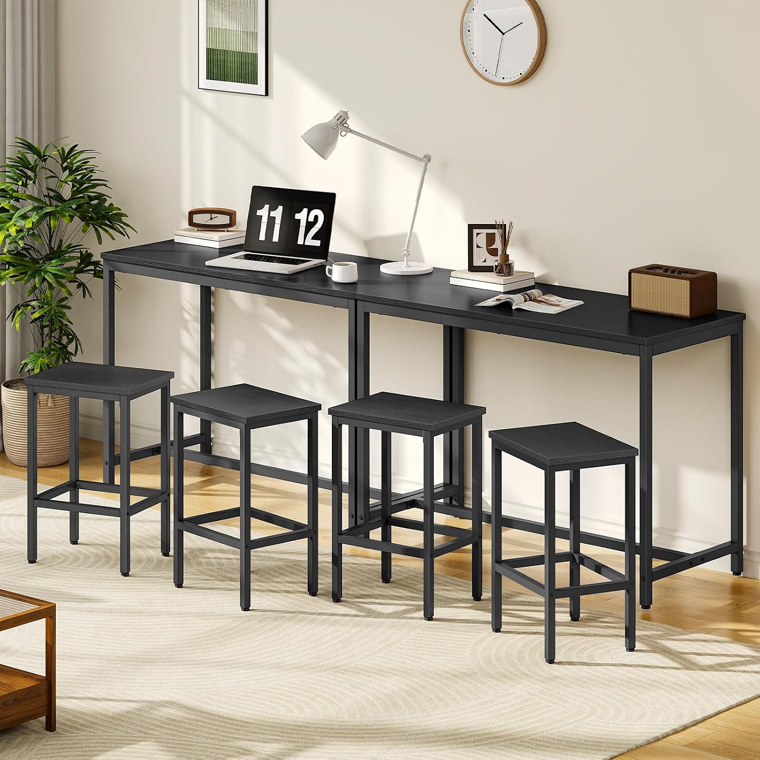 HOOBRO Bar Table and Chairs Set, 47.2" Rectangular Pub Table with 2 Stools for Small Space, 3-Piece Breakfast Stools Set, Sturdy Metal Frame, Easy to Assemble, Black BB52BT01
