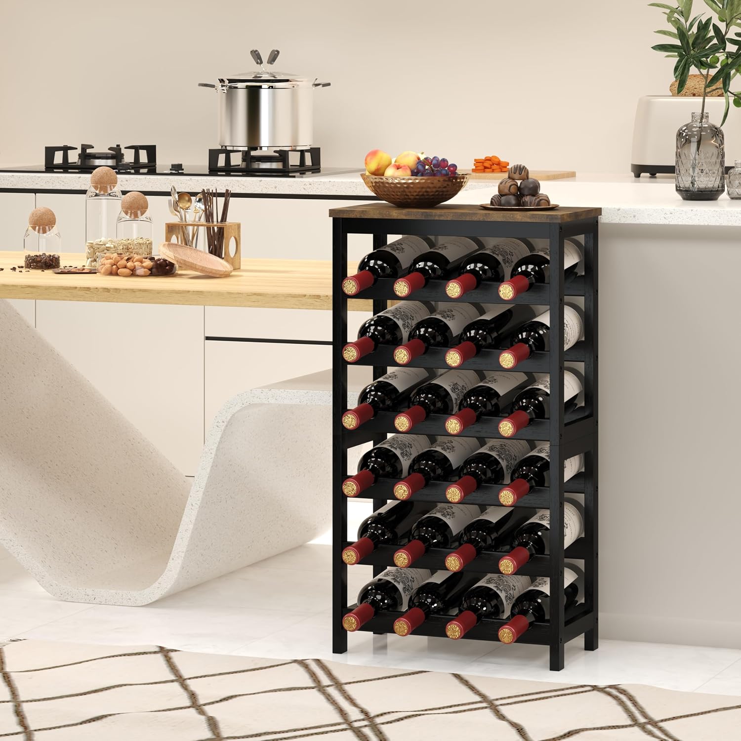 MOGELAFOO 6 Tier Bamboo Wine Rack Freestanding Floor, 24 Bottles Wine Storage Shelves with Table Top, Stackable Wine Display Rack for Kitchen, Bar, Dining Room, Rustic Brown and Black