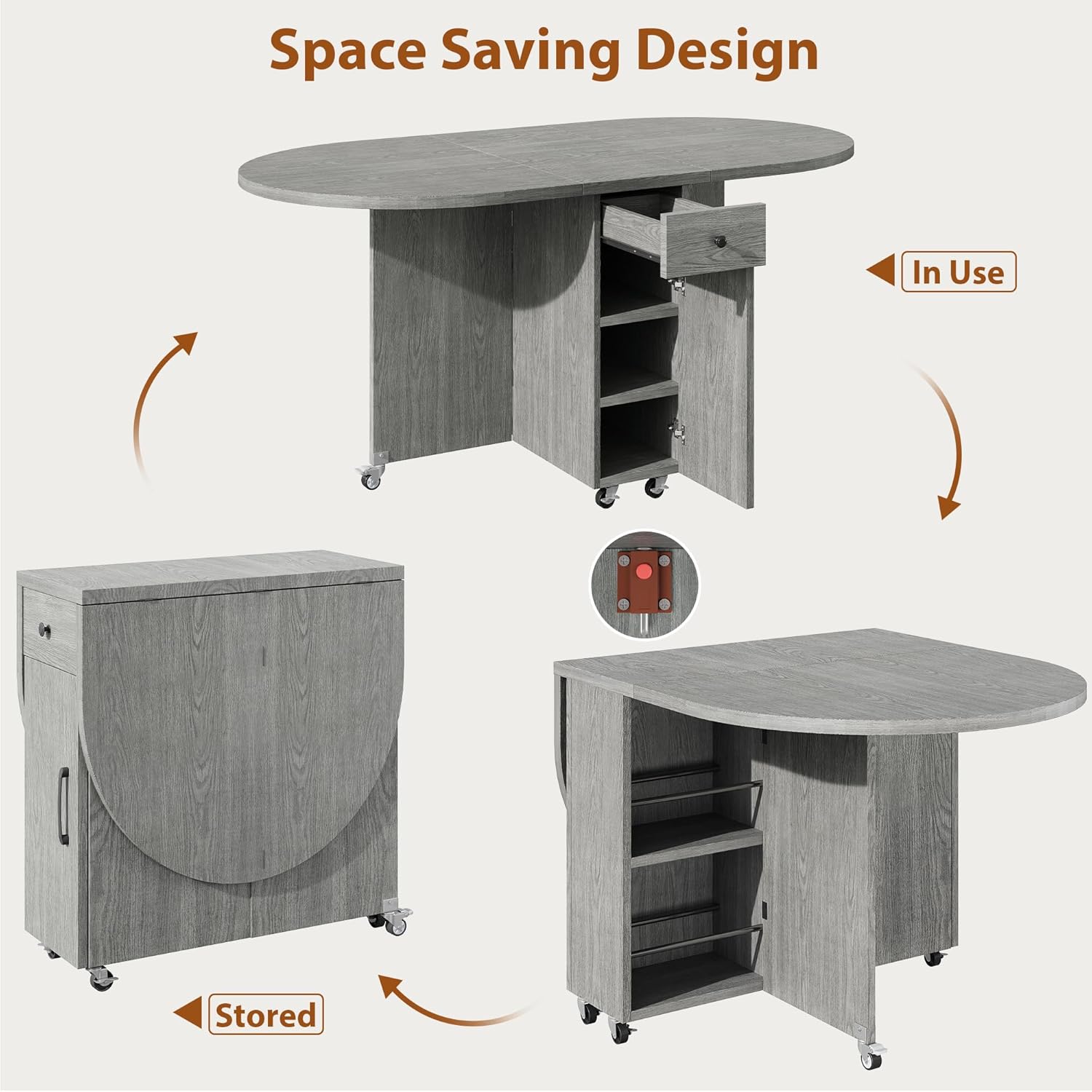 Jocoevol Round Folding Dining Table for 4, Space Saving Drop Leaf Kitchen Table with Storage Drawer, 6 Wheels Oval Gateleg Foldable Dining Table for Small Spaces(Grey 47 * 23.6 * 30)