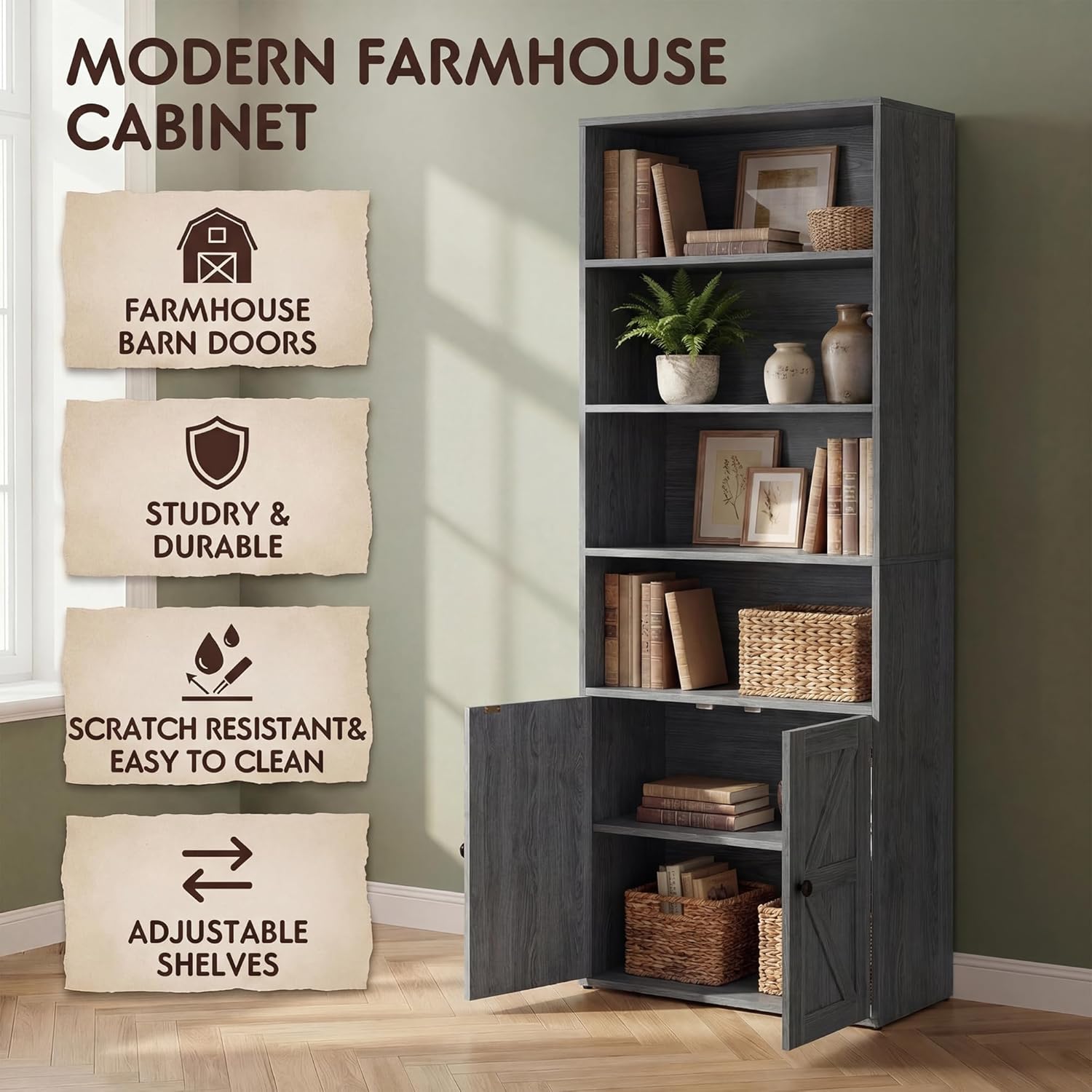 YESHOMY Farmhouse Bookshelf and Bookcase with Storage, 71.5" Tall Industrial Bookshelves and Bookcases with Doors, 4-Tier Floor Standing Tall Display Cabinet for Home Office, Living Room, Gray, 1 PCS