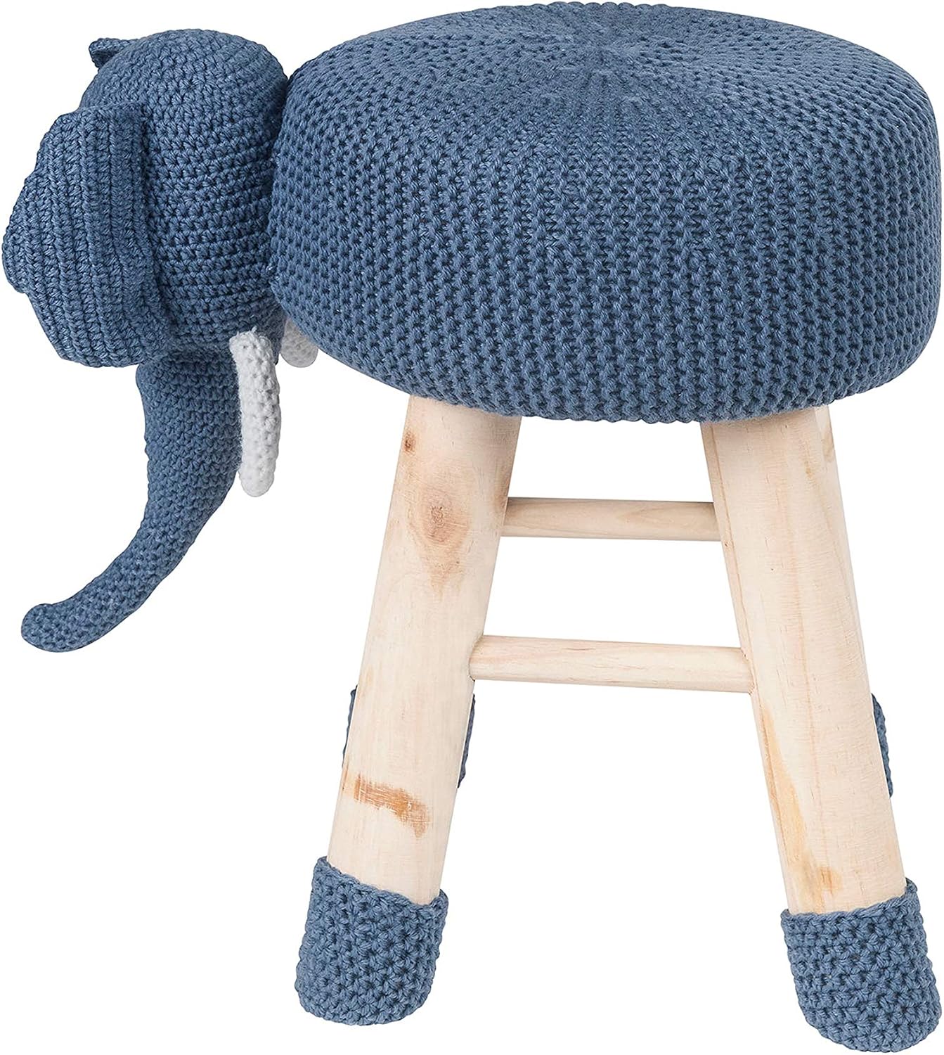 Animal Ottoman Stool, Cute Deer Design with Knit Polyester Upholstery and Solid Pine Wood Legs, 17.5in Kids Bedroom Seat (Elephant)