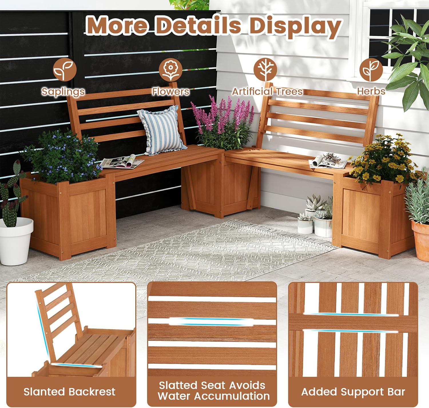 Outdoor Planter Box with Bench, Teak Oil Finish Wood Seat with 2 Open-Ended Base Garden Beds & Backrest, Decorative Plant Container for Yard, Balcony & Porch