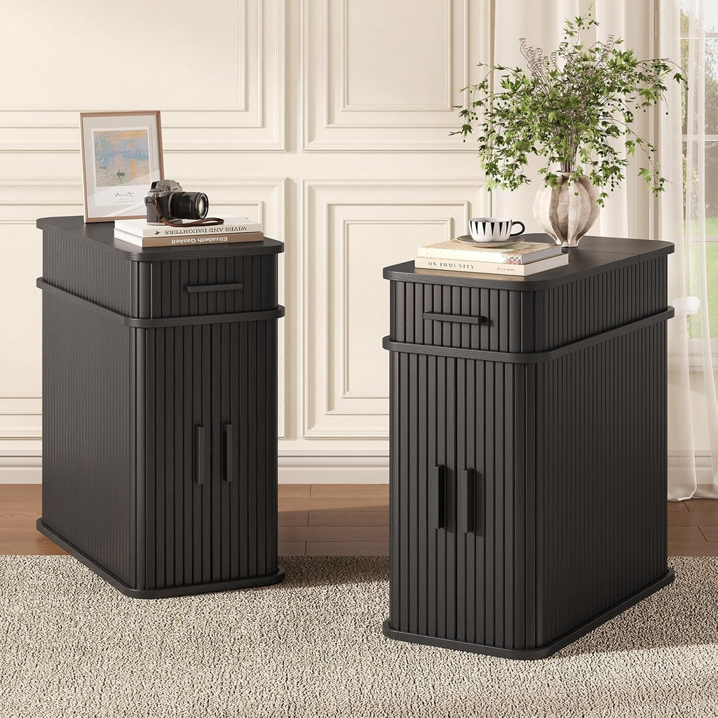 Side End Table with Charging Station, Slim Nightstand with Drawer, Mid-Century Wood Skinny Bedside Table with Storage, Narrow Side Tables for Small Space Living Room Bedroom Office Sofa Couch Black