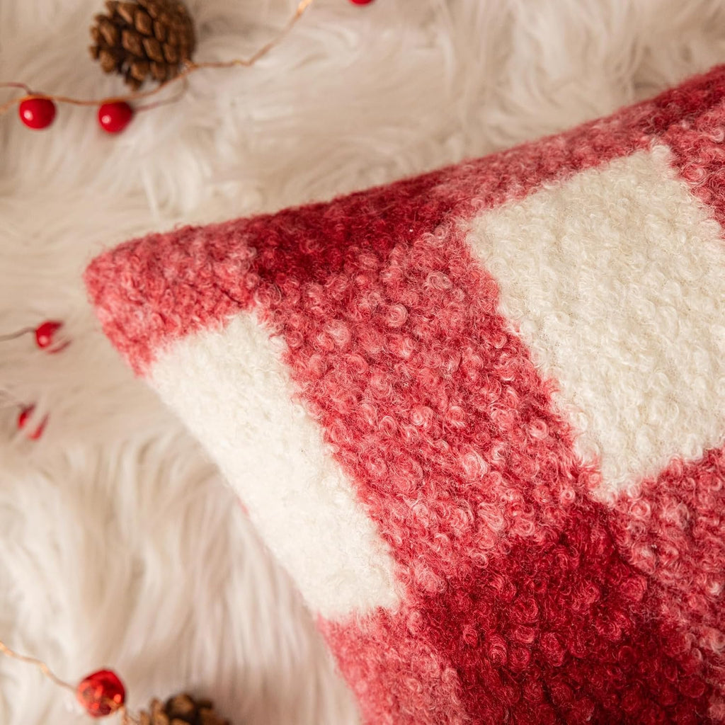 AQOTHES Red White Plaid Christmas Throw Pillow Covers 20x20 Inch Set of 2, Boucle Decorative Pillow Covers,Cozy Fluffy Home Living Room Farmhouse Decor for Sofa Couch Bed