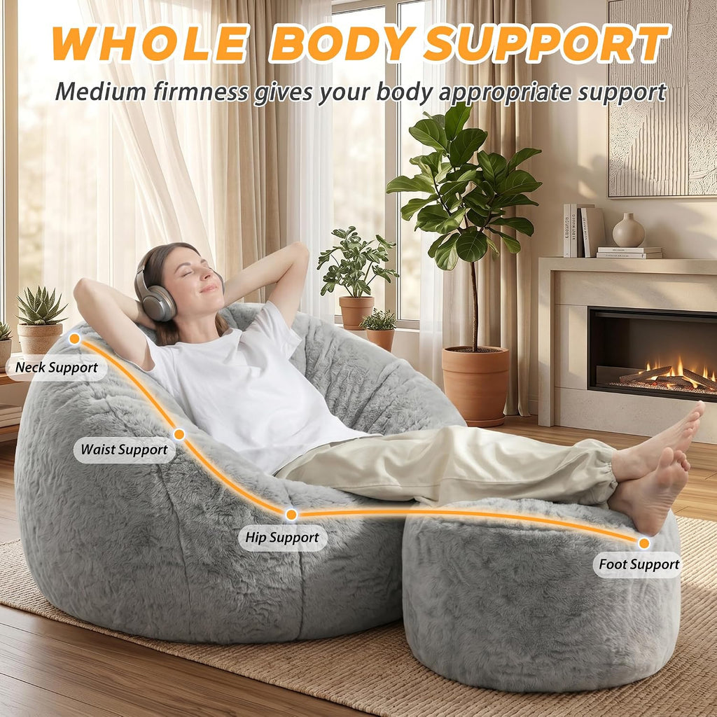 HABUTWAY Bean Bag Chair,Giant Shell-Shaped Bean Bag Couch w/Ottoman,Grey | Oversized Beanbag Chair with High Backrest, Softness and Comfort, No Assembly Required, for Living Room, Bedroom