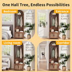 Hall Tree with Bench and Shoe Storage, Entryway Storage Bench with Coat Rack, 70.9"Arch Coat Rack with 4 Hooks and 2 Fluted Doors, Farmhouse Style Furniture Organizer for Hallway (Walnut, 23.7"W)