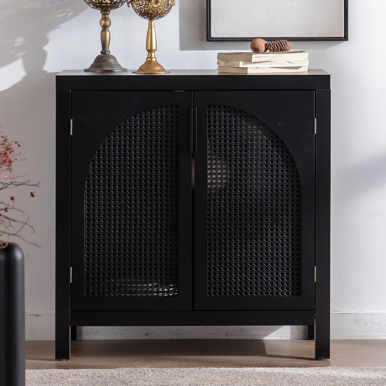 Black 28.94“W Buffet Cabinet with Storage, Accent Sideboard with Rattan Doors, Coffee Bar Table Credenza, Console Table with Adjustable Shelves for Dining Room, Kitchen and Hallway