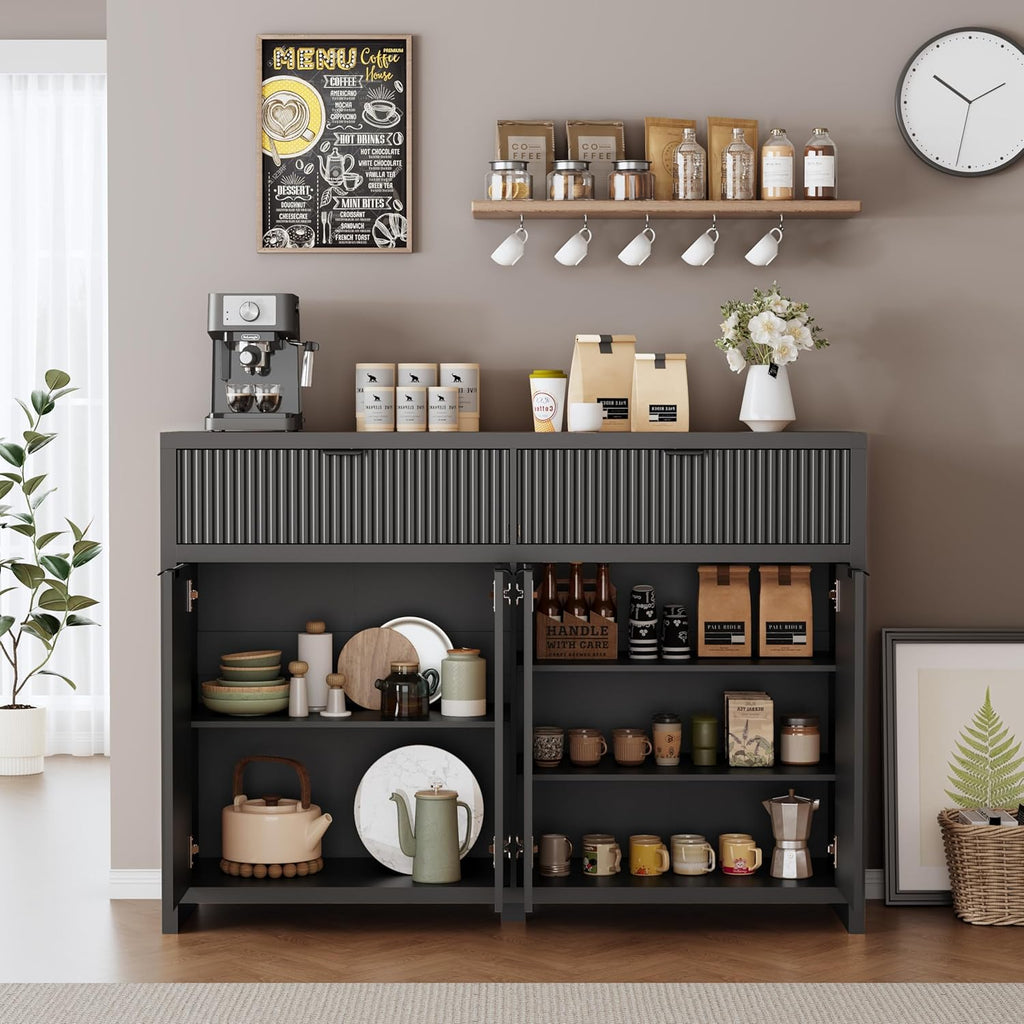 55" W Fluted Buffet Cabinet with Storage Accent Sideboard with 2 Drawers & 4 Doors,Wood Console Coffee Bar Table with Adjustable Shelves for Living Room,Kitchen and Dining Room
