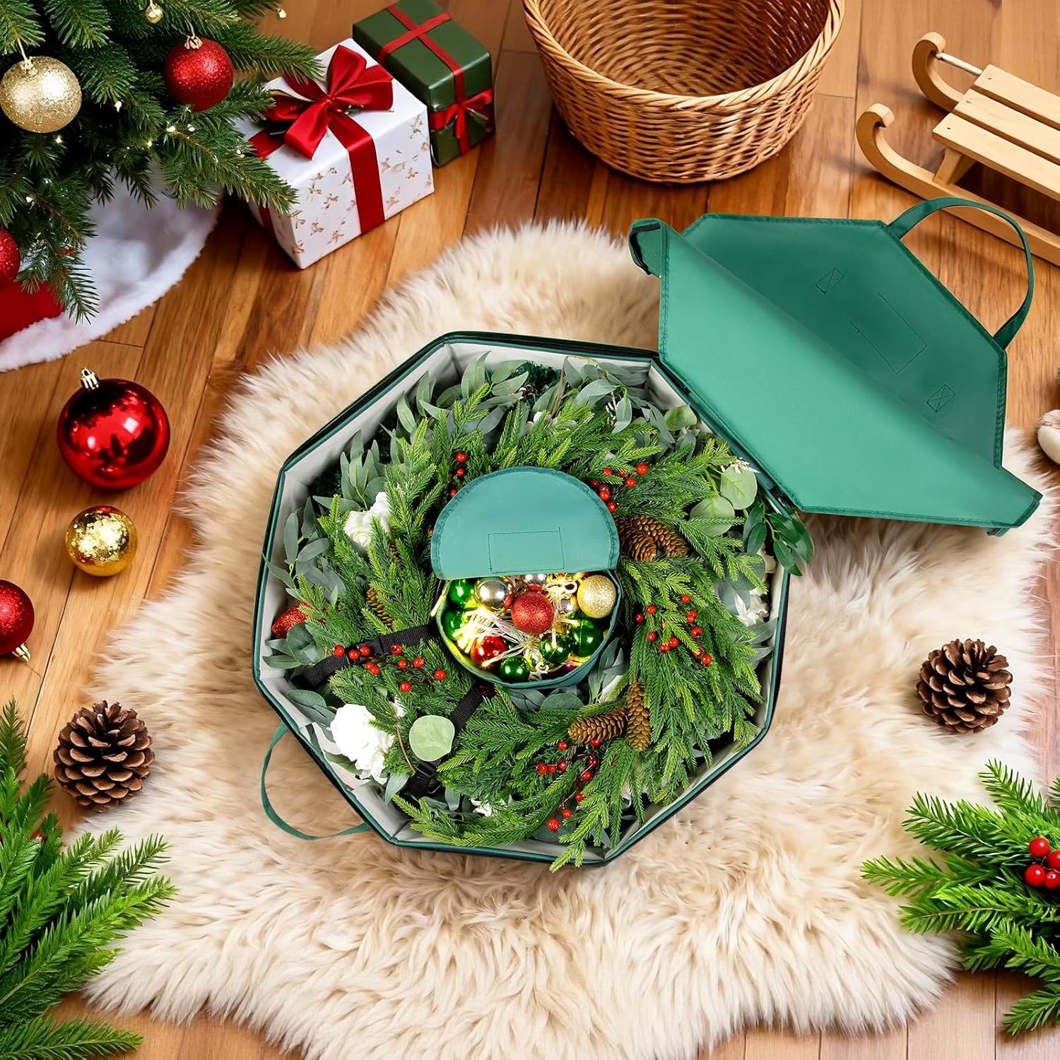 BrilliantJo Wreath Storage Hard Shell Christmas Decorations Case Bag with Interior Pockets 600D Oxford Fabric 24 Inch Xmas Container Box for Holiday Zipper and Handles Labeling Card Slot Green