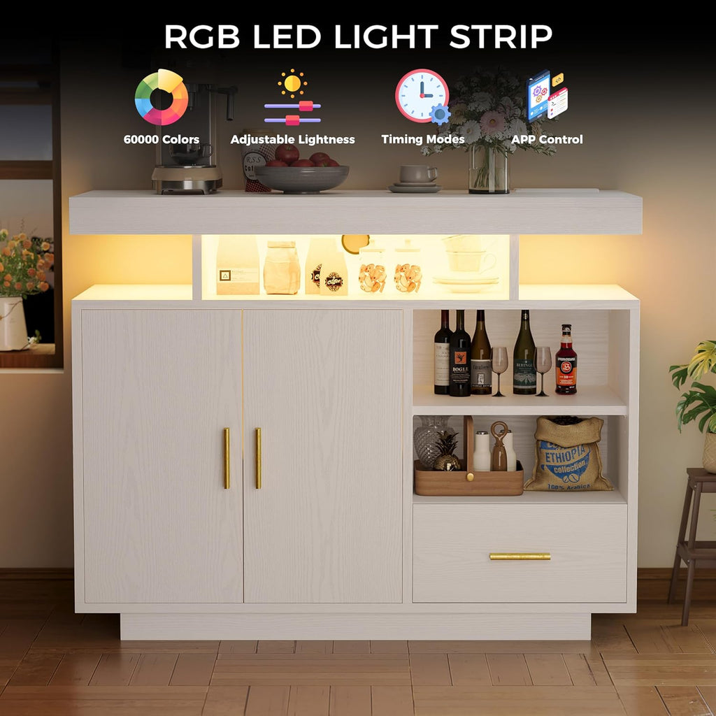 IRONCK Buffet Cabinet, Sideboard Cabinet with Power Outlet and LED Light, Modern Storage Cabinet with Drawer and Shelves, White