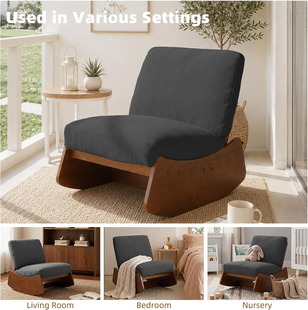 Mid-Century Modern Chenille Rocking Chair, Dark Grey, Set of 1 | Soft chenille upholstery | Sturdy solid wood base | For nursery, living room, & bedroom
