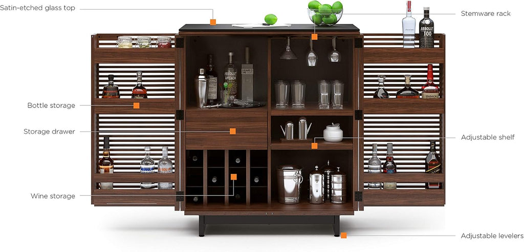 BDI Furniture Corridor 5620-36'' Bar Cabinet with Louvered Doors, Wine and Bottle Storage, Adjustable Shelf, Storage Drawer, Stemware Rack and Glass Top, Charcoal Stained Ash