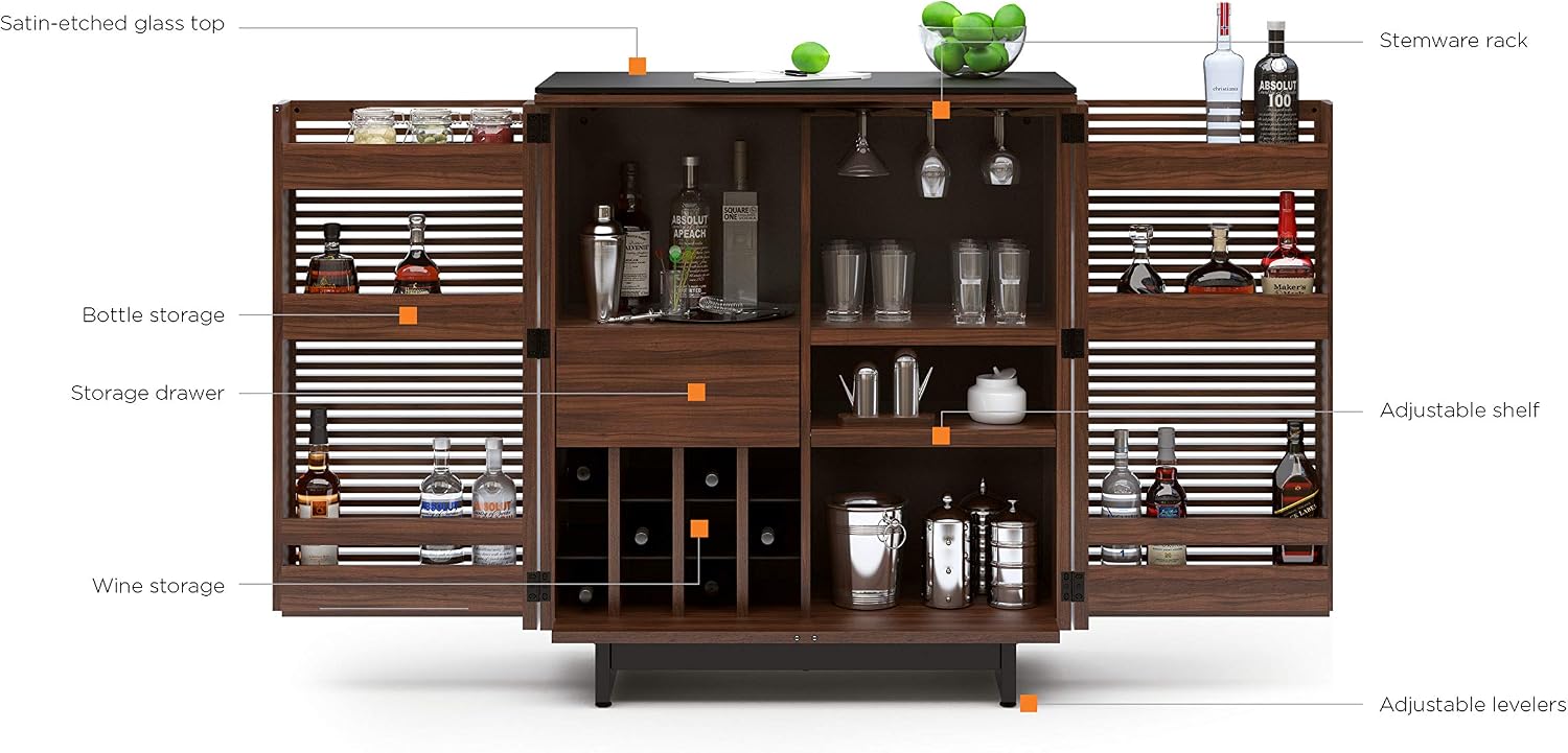 BDI Furniture Corridor 5620-36'' Bar Cabinet with Louvered Doors, Wine and Bottle Storage, Adjustable Shelf, Storage Drawer, Stemware Rack and Glass Top, Charcoal Stained Ash