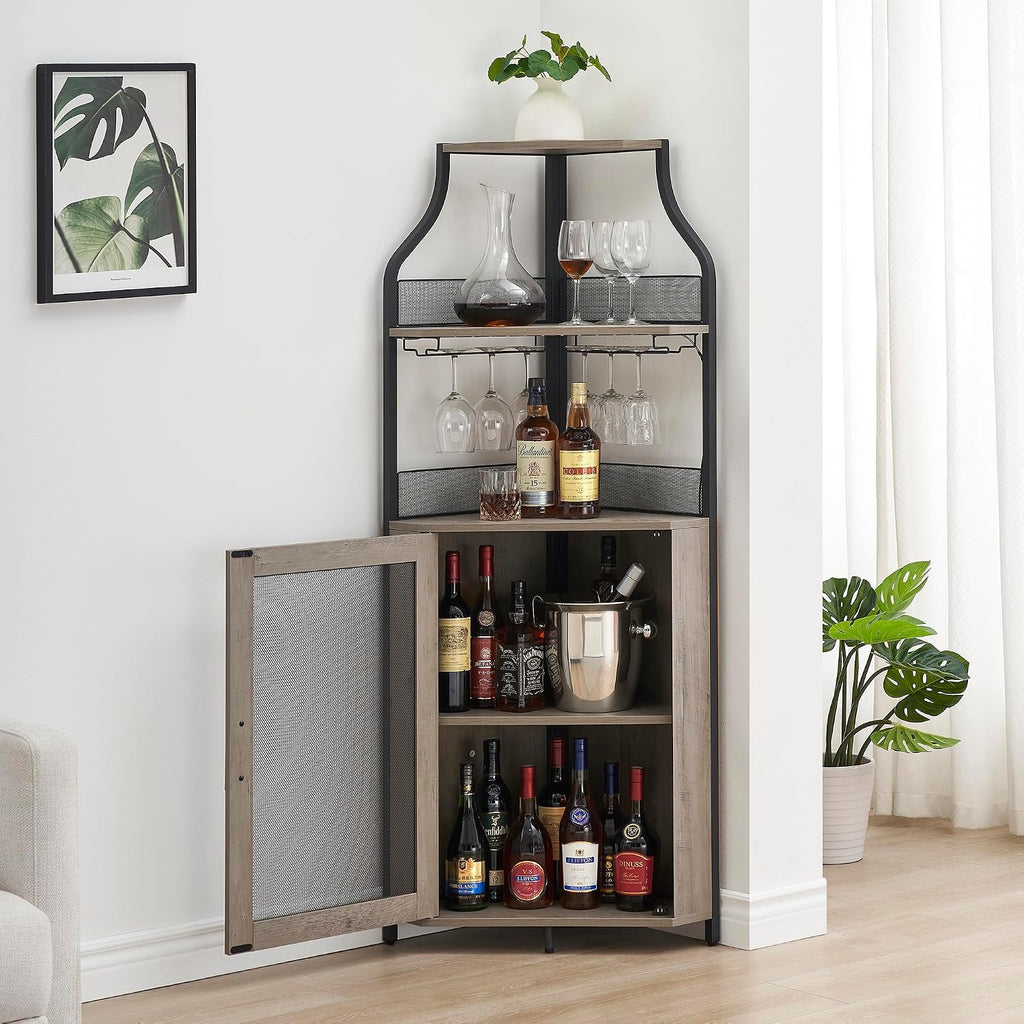 IDEALHOUSE 61'' Tall Corner Wine Bar Cabinet with Adjustable Shelves, 5-Tier Industrial Bar Cabinet with Glass Holder, Home Bar with Mesh Door for Liquor and Glasses, Grey