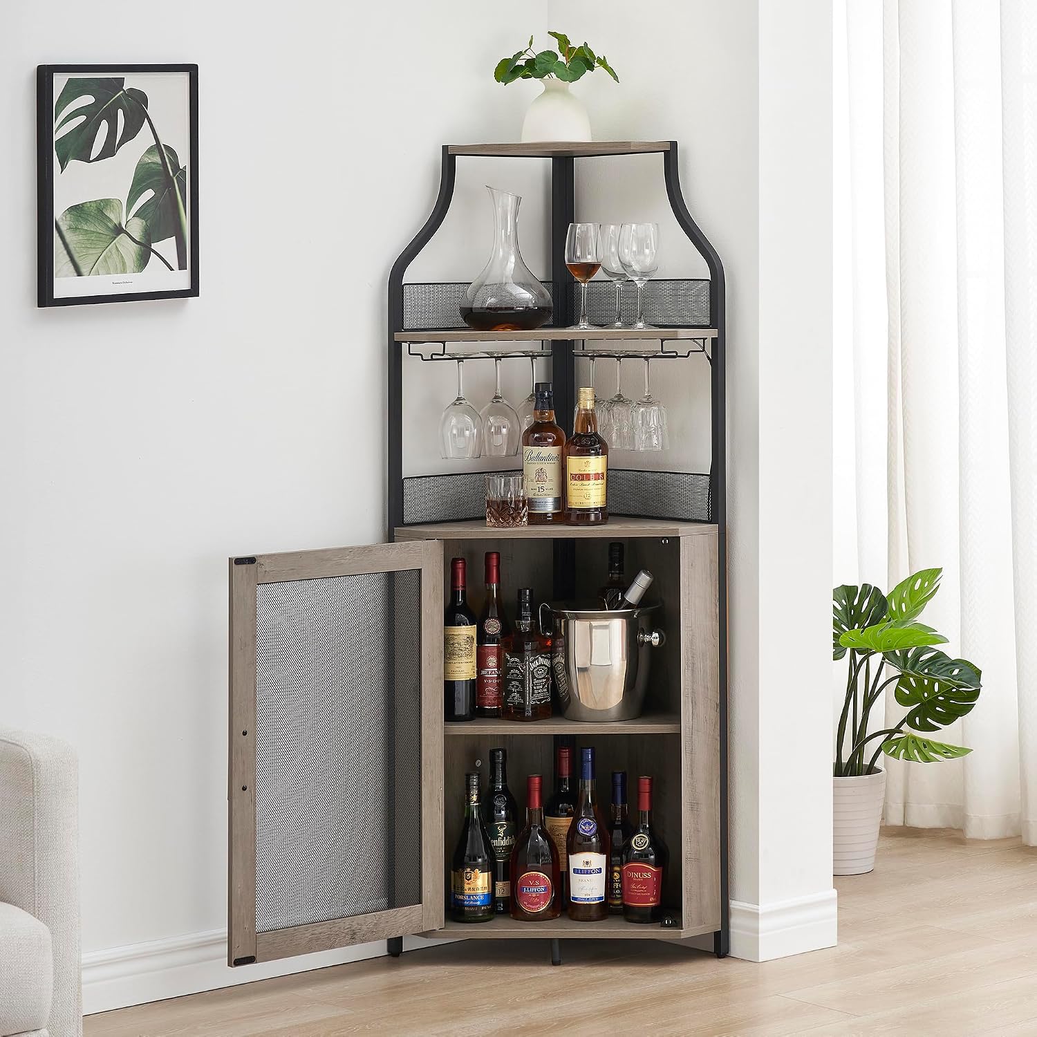 IDEALHOUSE 61'' Tall Corner Wine Bar Cabinet with Adjustable Shelves, 5-Tier Industrial Bar Cabinet with Glass Holder, Home Bar with Mesh Door for Liquor and Glasses, Grey