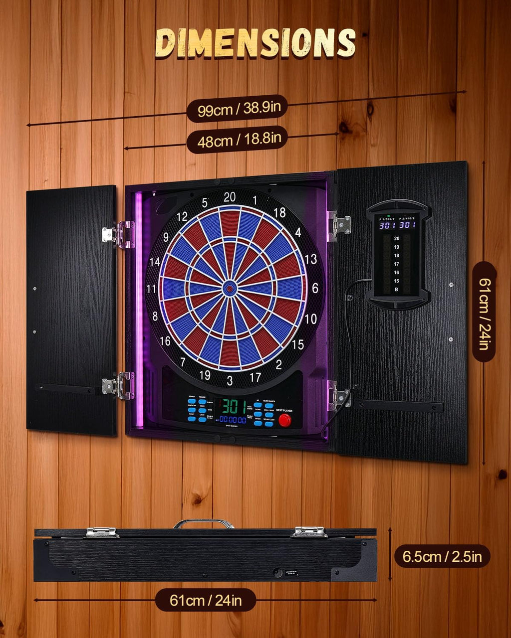 Electronic Dart Board, Electric Dartboard Cabinet Set for Adults [6 Soft Tip Darts] Individual Light Color for Each Player, Wooden Dartboard Cabinet for Family Game