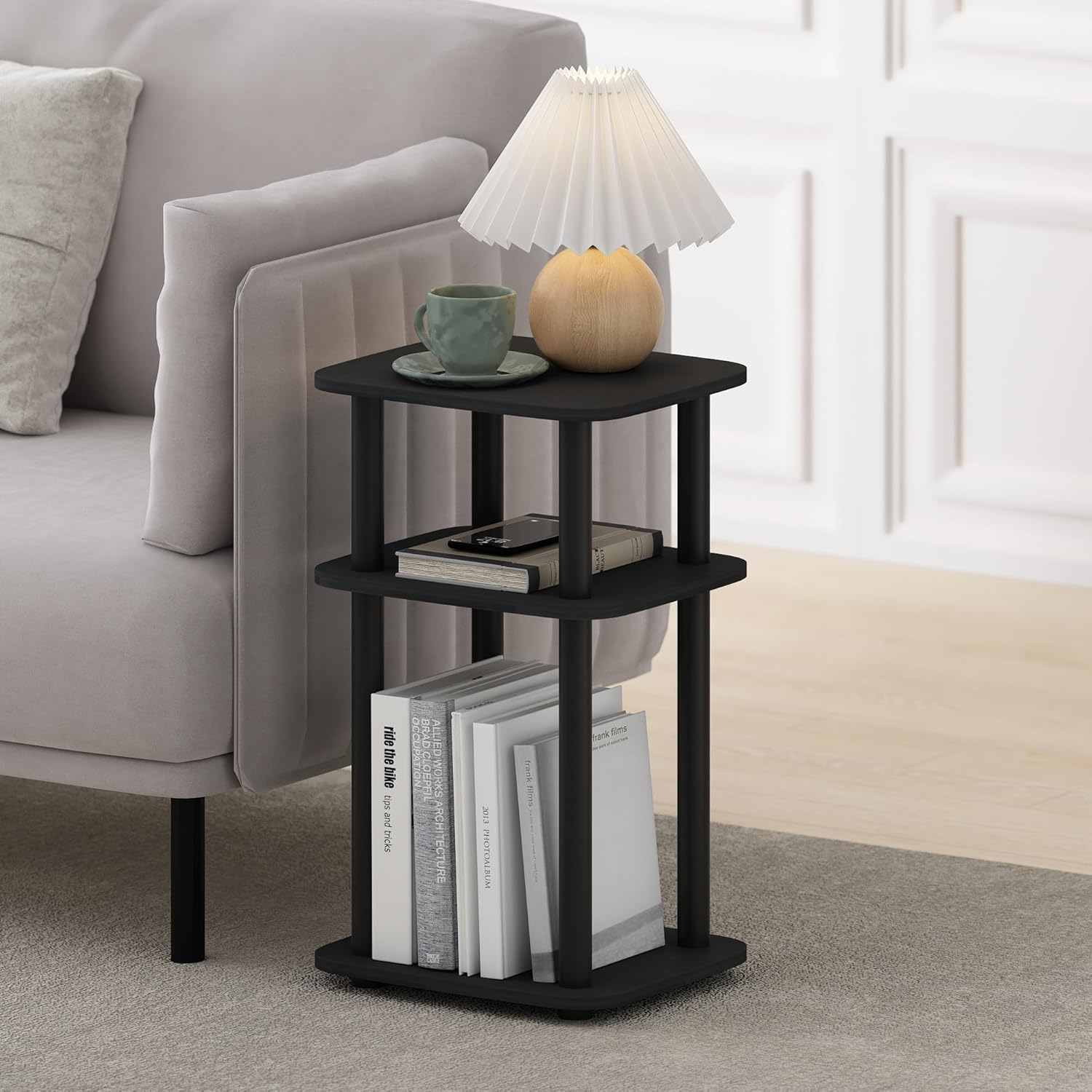 Furinno JUST Side Table, 3-Tier Turn-N-Tube End Table with Open Shelf, Round Curve Corner Night Stand, Bedside Table, Easy Assembly, for Living Room, Bedroom, Americano