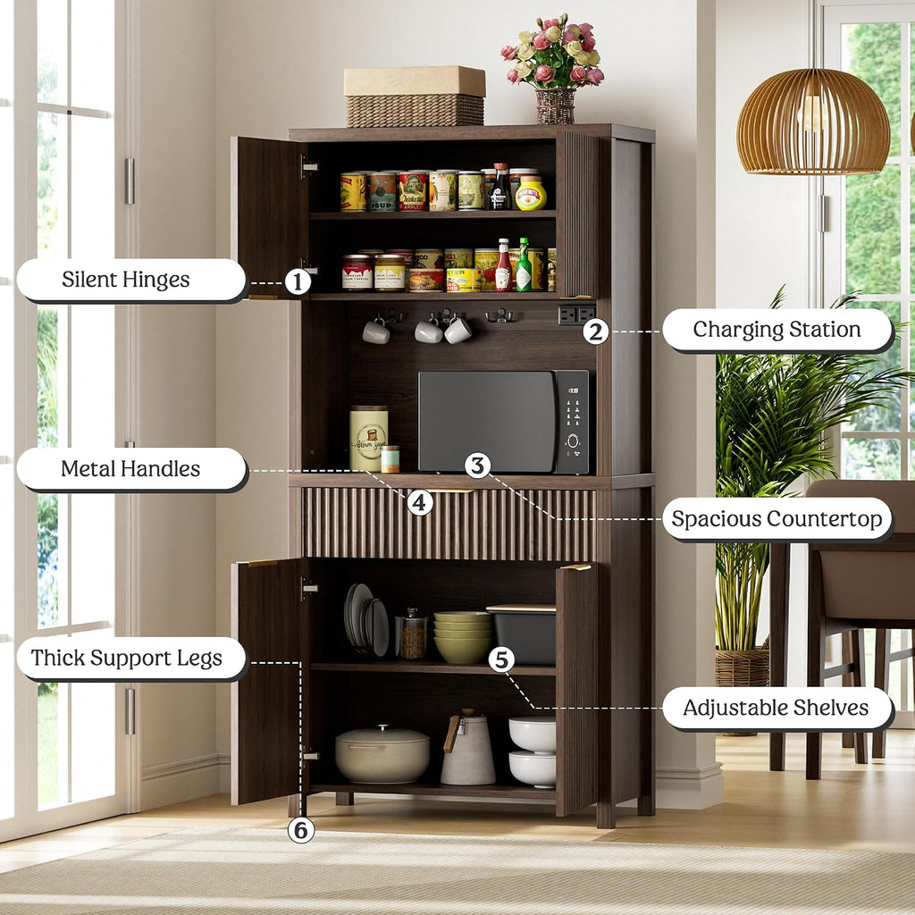 Lulive 71" Fluted Pantry Cabinet with Charging Station & Adjustable Shelves, Spacious Kitchen Storage Cabinet with Open Countertop & Drawer for Dining Room, Living Room, Brown