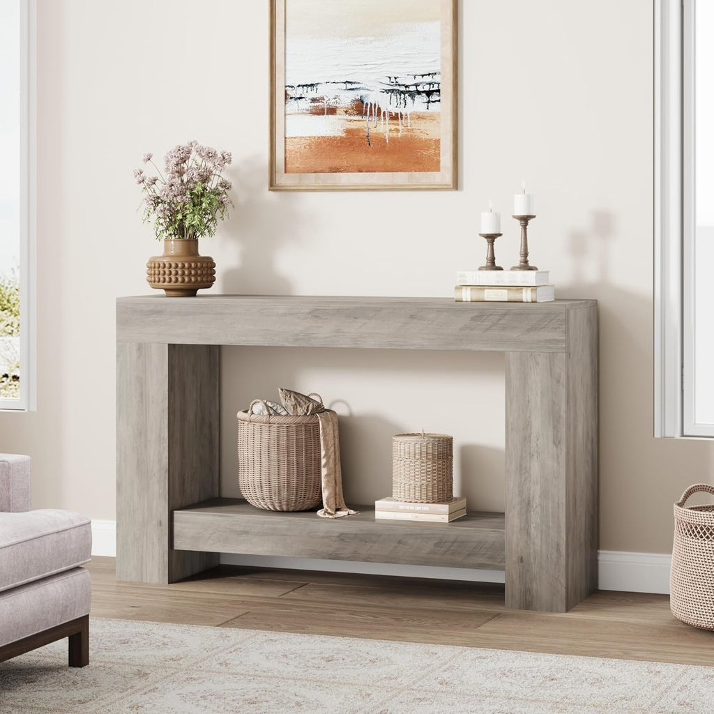Garvee Farmhouse Console Table for Living Room, Long Console Table for Entryway, 2-Tier Large Sofa Table with Storage, Entryway Entry Table for Entrance, Hallway, Grey, 47"