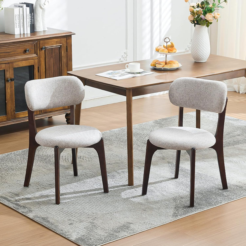 Set of 2 Upholstered Dining Chairs, Mid Century Modern Wood Dining Room Chairs with Curved Back, Solid Wooden Legs Padded Kitchen Chairs & Side Chairs for Home, Restaurant, Cafe - Beige Fabric