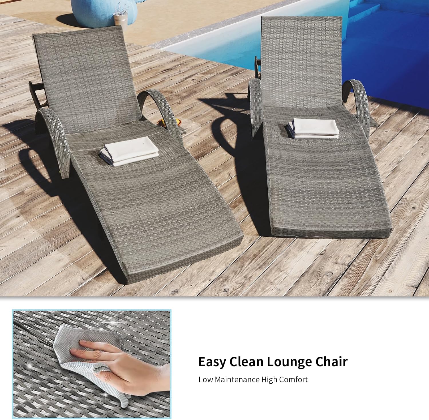 80.3" Outdoor Wicker Chaise Lounge Set of 2, with Pull-Out Side Table, Adjustable Pool Lounge Chairs, Patio Loungers for Balcony, Deck, or Backyard (Grey)