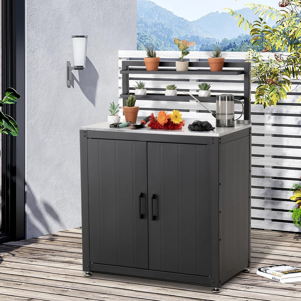 FEASTO Outdoor Potting Bench Table with Storage Cabinet, Stainless Steel Garden Workstation with Raised-Edge Top, Adjustable Shelf & Removable Hutch, Potting Table for Patio, Balcony, Black/Coffee