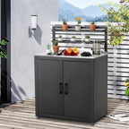 FEASTO Outdoor Potting Bench Table with Storage Cabinet, Stainless Steel Garden Workstation with Raised-Edge Top, Adjustable Shelf & Removable Hutch, Potting Table for Patio, Balcony, Black/Coffee